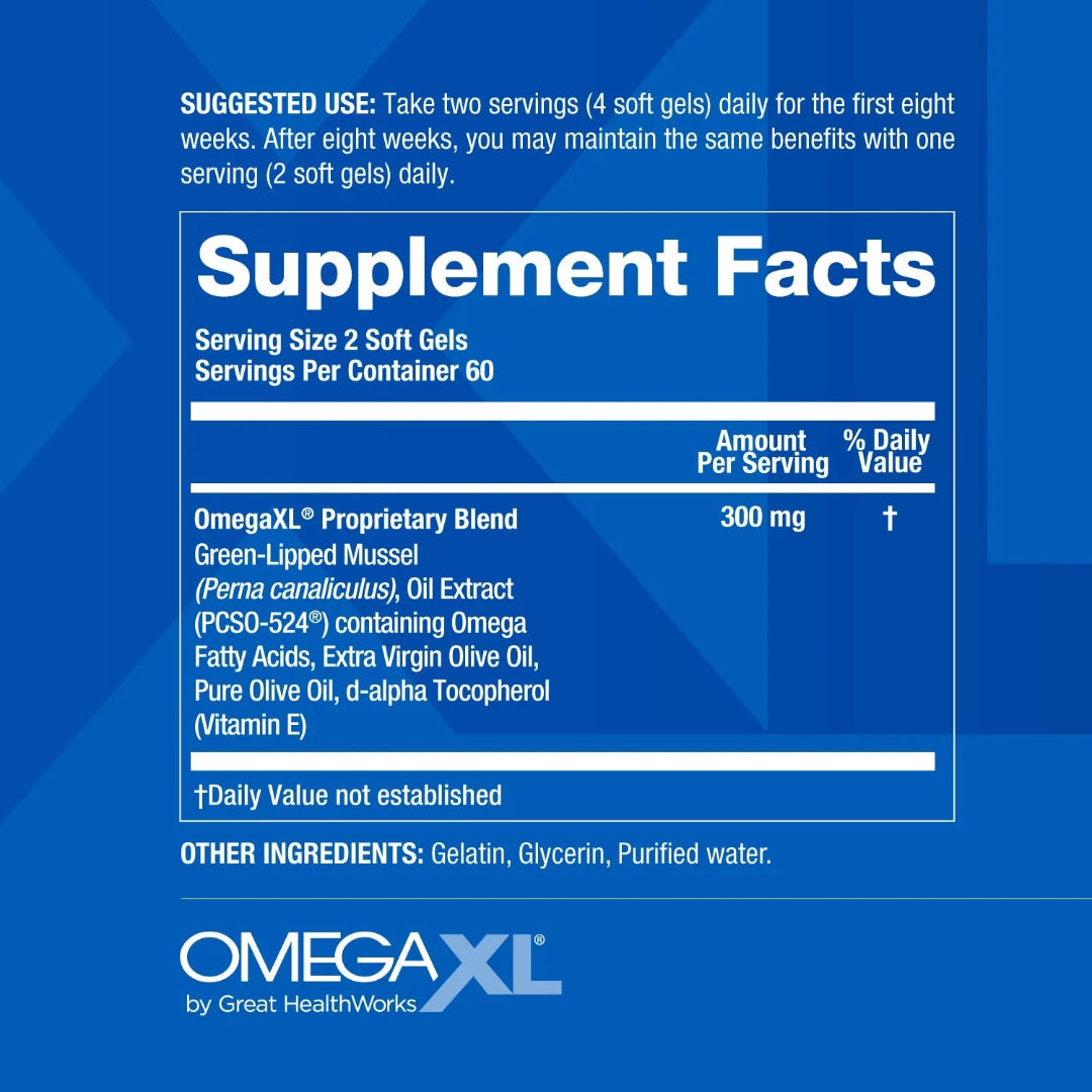 Supplement facts label for OmegaXL on a blue background