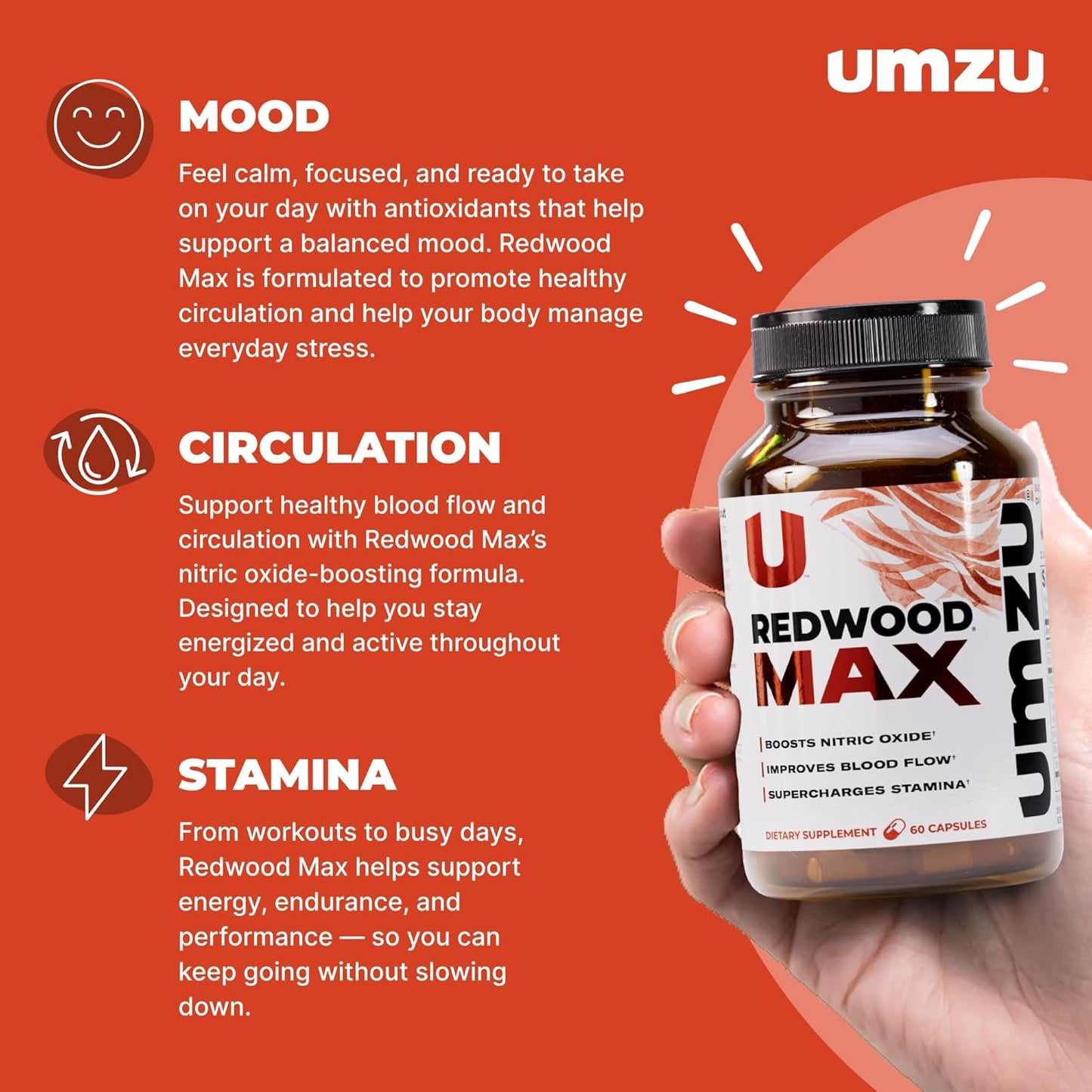 Redwood Max Nitric Oxide Booster – Blood Flow Support for Men | 60 Capsules | Circulation & Performance Supplement