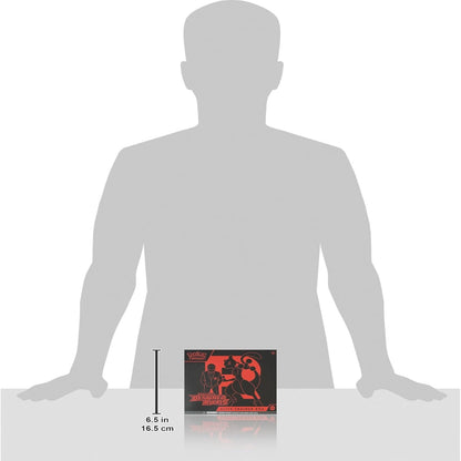 Silhouette of a person next to a box with dimensions displayed