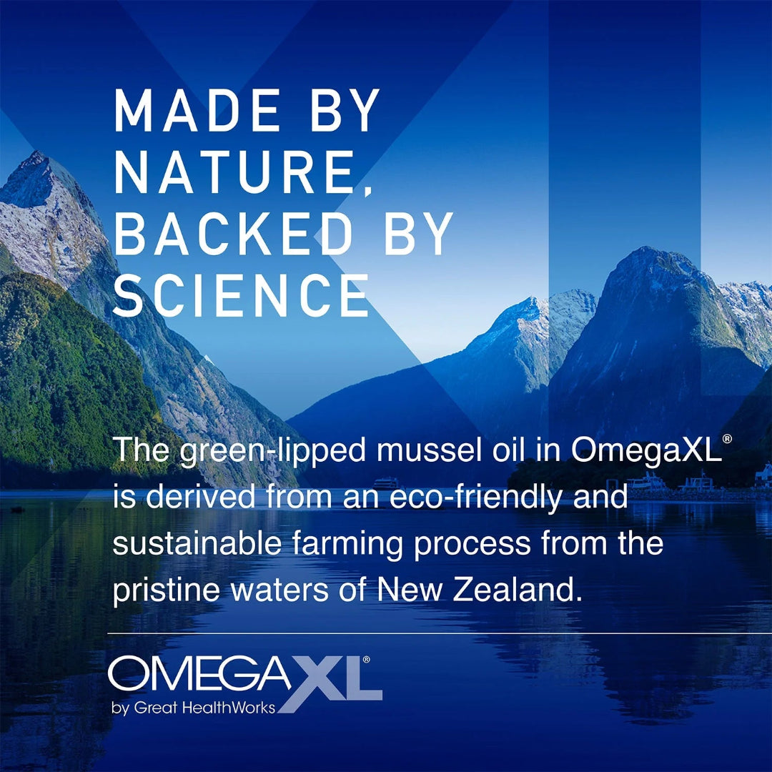 Advertisement for OmegaXL with mountain and lake background, featuring text about green-lipped mussel oil and sustainability.