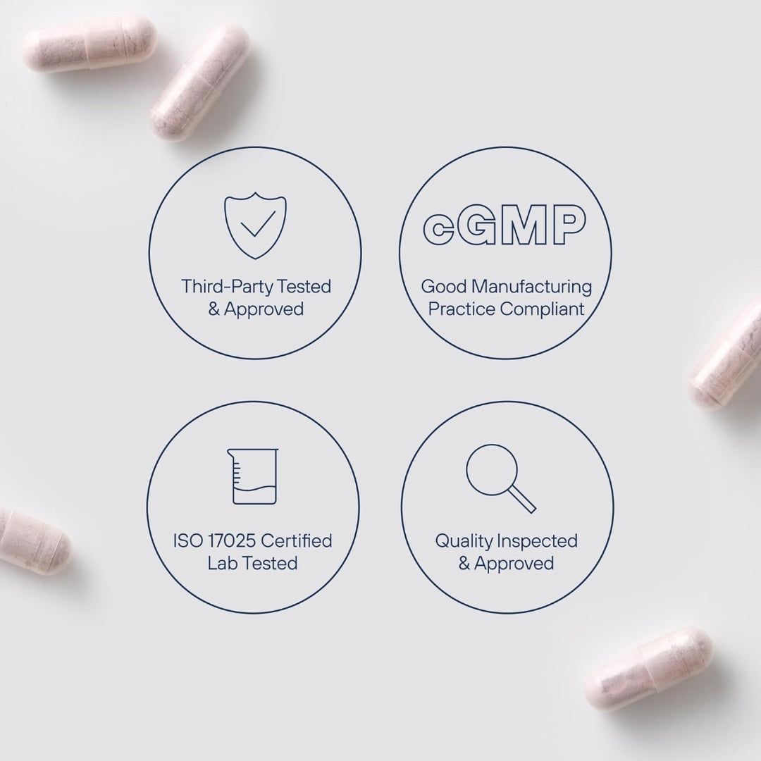 Capsules with certification icons on a light gray background