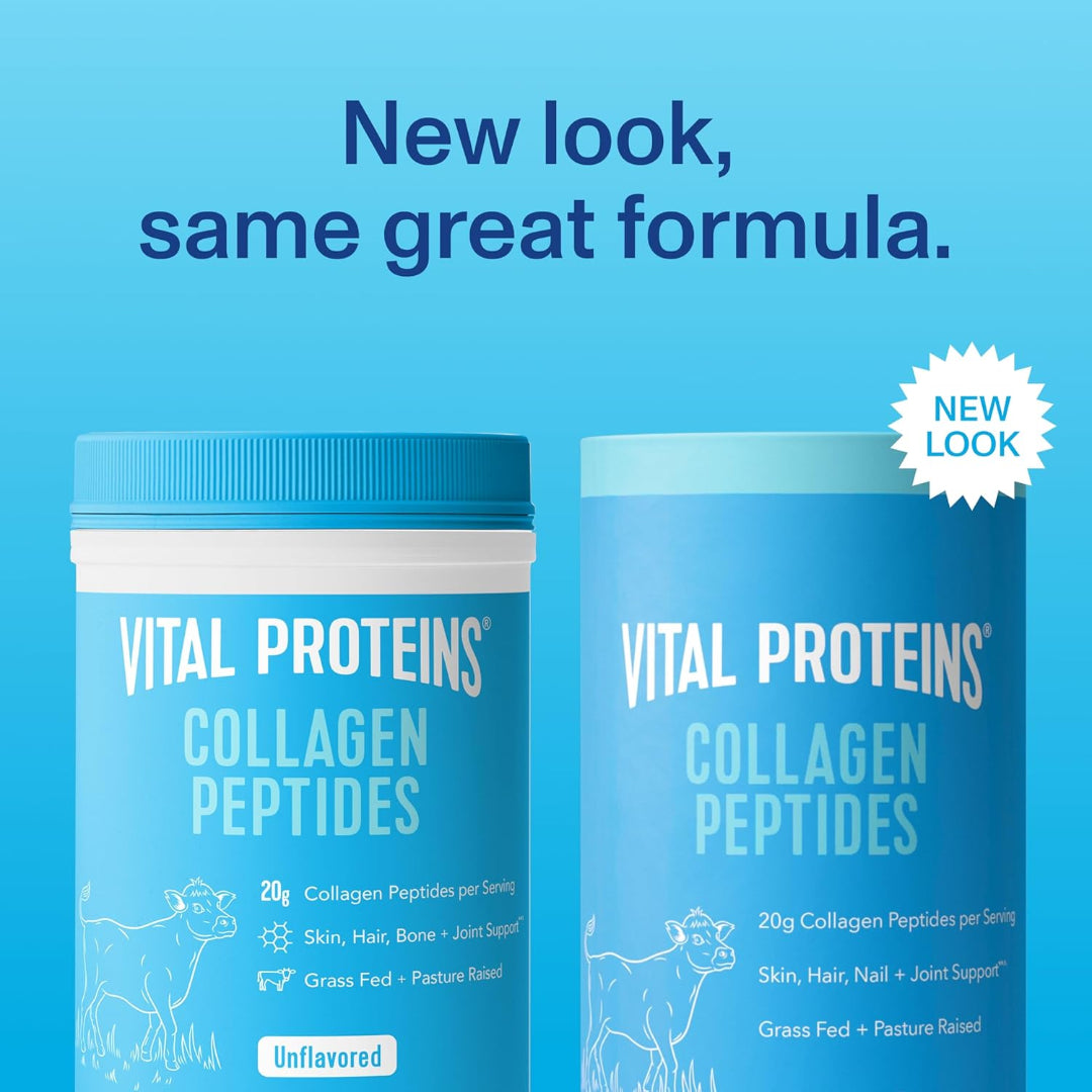 Two containers of Vital Proteins Collagen Peptides on a blue background with text 'New look, same great formula'.