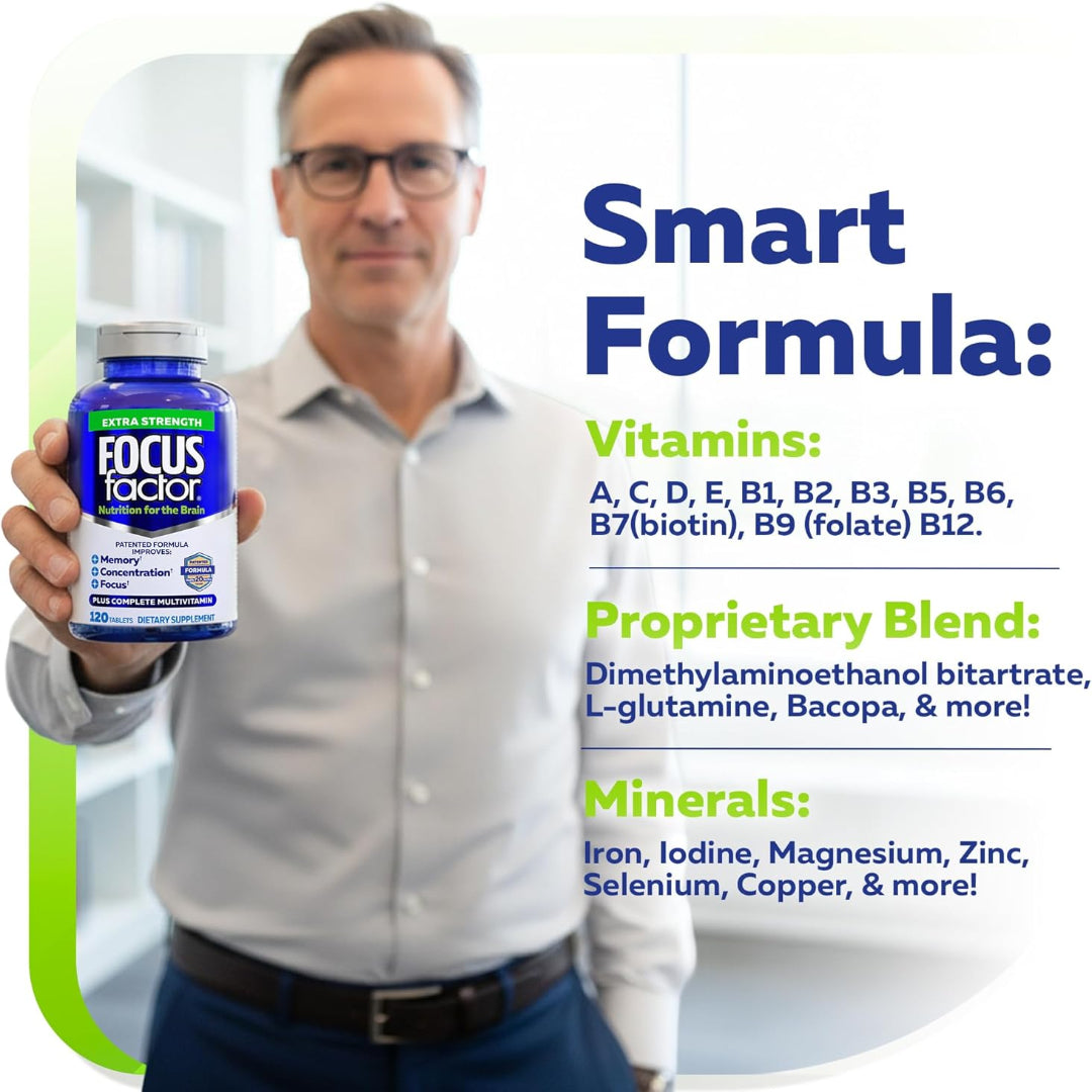 Man holding a supplement bottle with product details on a white background