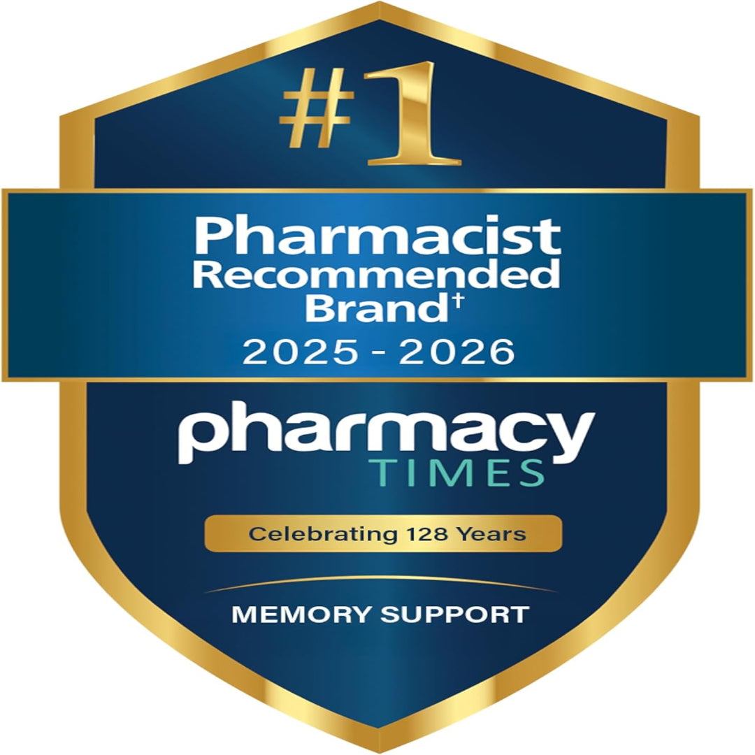 Shield-shaped badge with 'Pharmacy Times' logo and text about a pharmacist recommended brand for memory support.