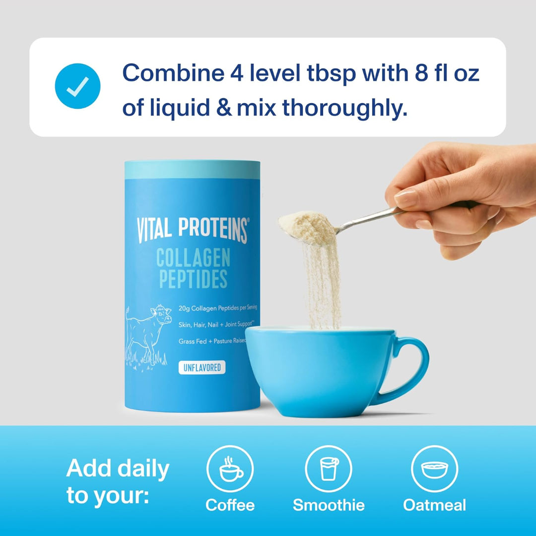 Vital Proteins Collagen Peptides container with a hand scooping powder into a blue mug.