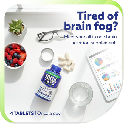 Brain nutrition supplement bottle with berries, glasses, and phone on a white surface
