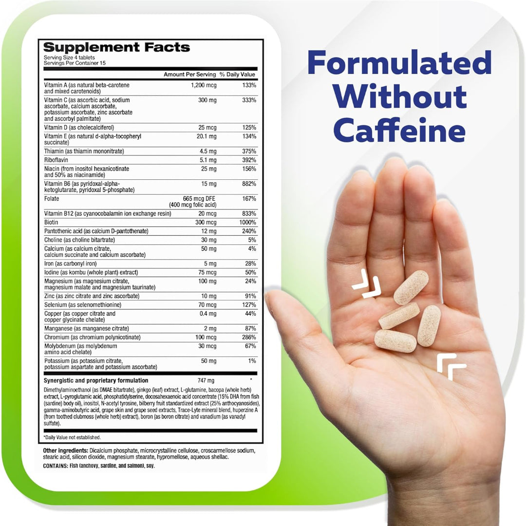 Supplement package with ingredients list and a hand holding pills, labeled 'Formulated Without Caffeine'.