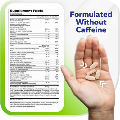 Supplement package with ingredients list and a hand holding pills, labeled 'Formulated Without Caffeine'.