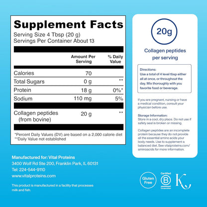 Supplement facts label with collagen peptides on a blue background