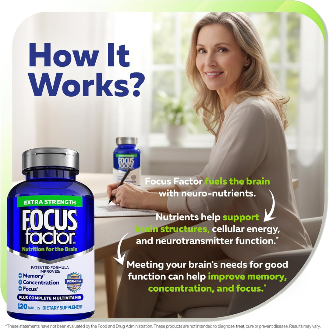 Advertisement for Focus Factor supplements with a woman sitting at a desk.