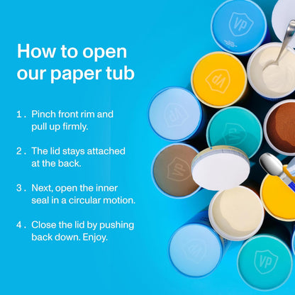 Instructions on how to open paper tubs with colorful lids and a blue background.