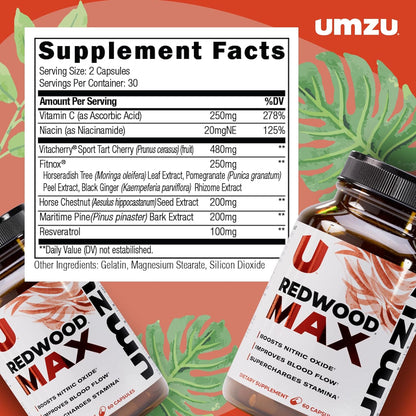 Redwood Max Nitric Oxide Booster – Blood Flow Support for Men | 60 Capsules | Circulation & Performance Supplement