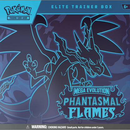 Pokémon trading card game box with Mega Evolution Phantasmal Flames design on a blue background.