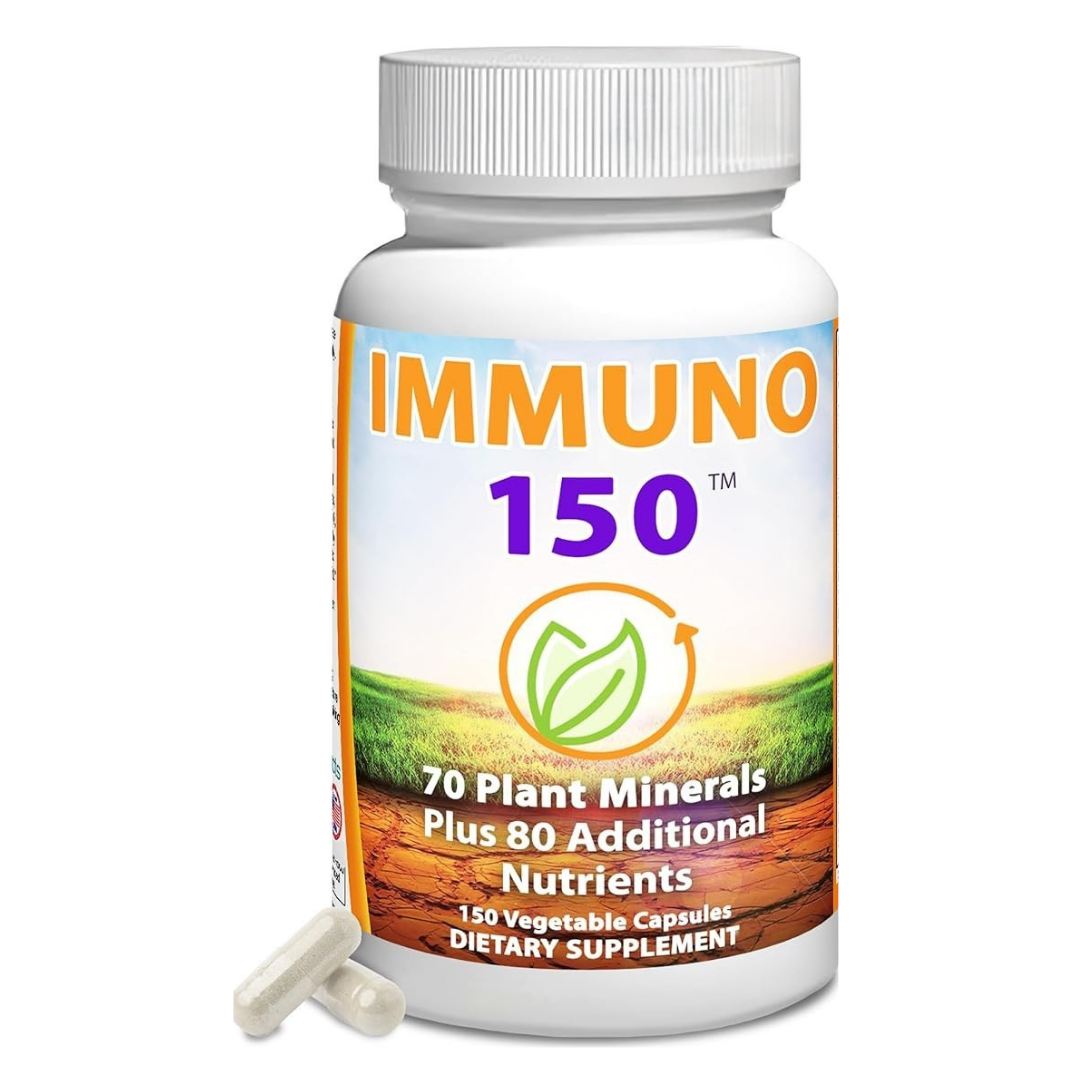 IMMUNO 150 immune support supplement bottle with multivitamin and mineral capsules on white background