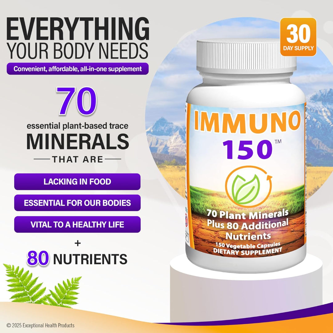 Supplement bottle labeled 'IMMUNO 150' with mountain and nature-themed design on a white background