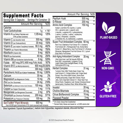 Supplement label with plant-based, non-GMO, and gluten-free indicators on a white background.