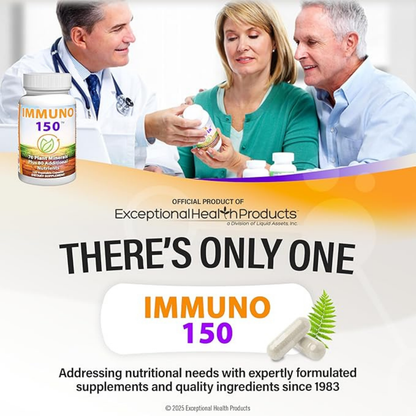 Advertisement for Immuno 150 supplement with a doctor and patients, featuring Exceptional Health Products branding.I