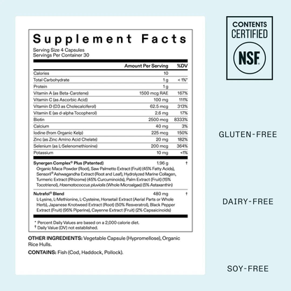 Supplement label with certification logos on a light blue background