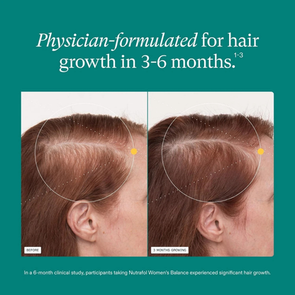 Before and after comparison of hair growth with text about physician-formulated product for hair growth.