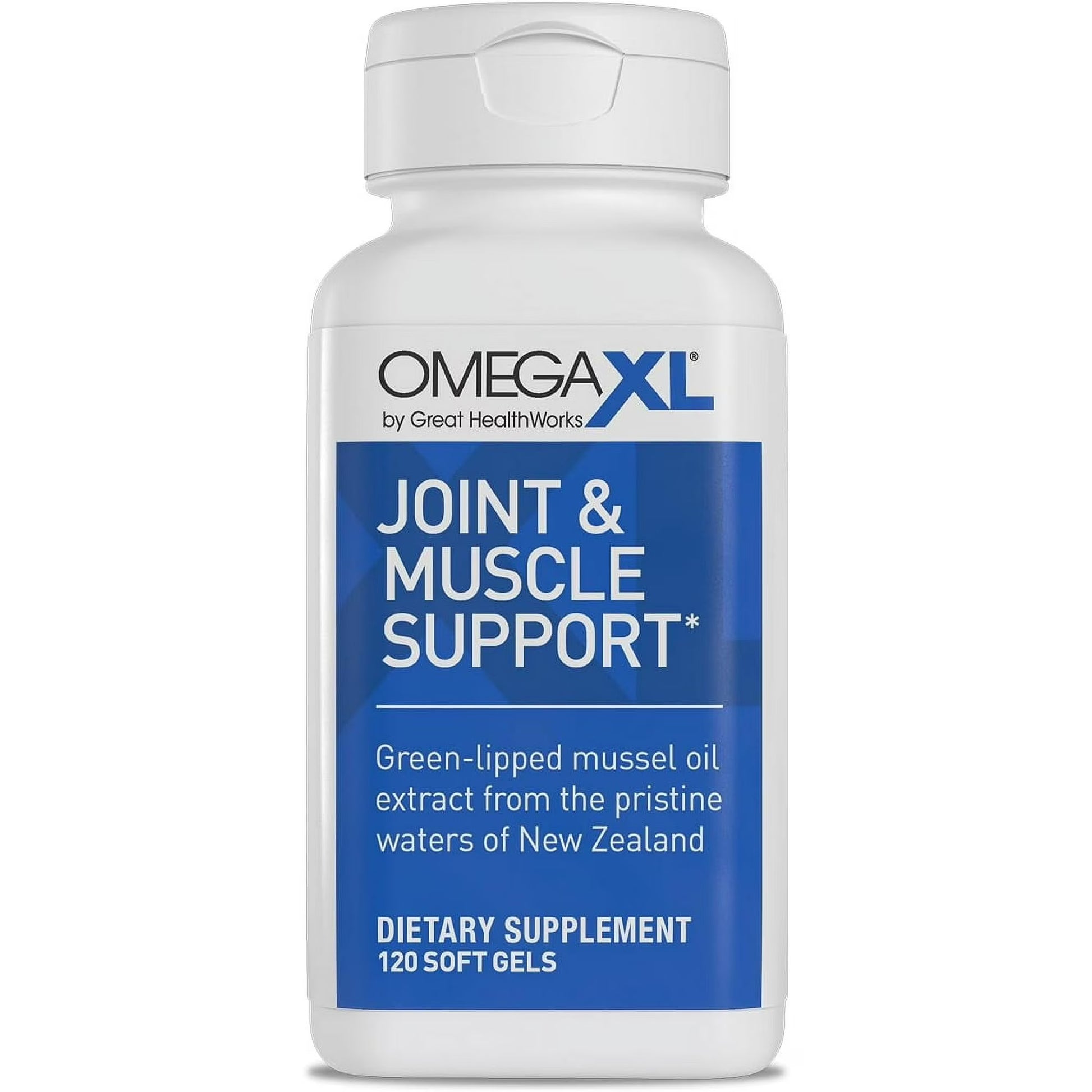 Omega XL Joint & Muscle Support dietary supplement bottle on a white background0