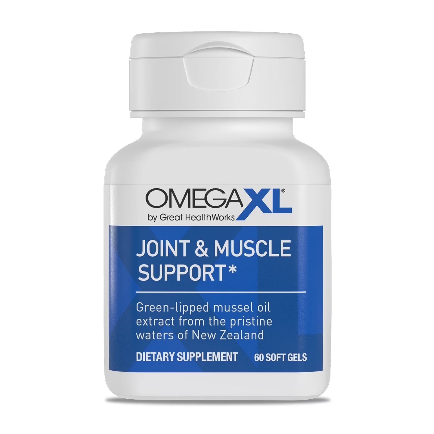 Omega XL Joint & Muscle Support dietary supplement bottle on a white background