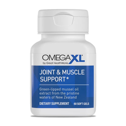 Omega XL Joint & Muscle Support dietary supplement bottle on a white background