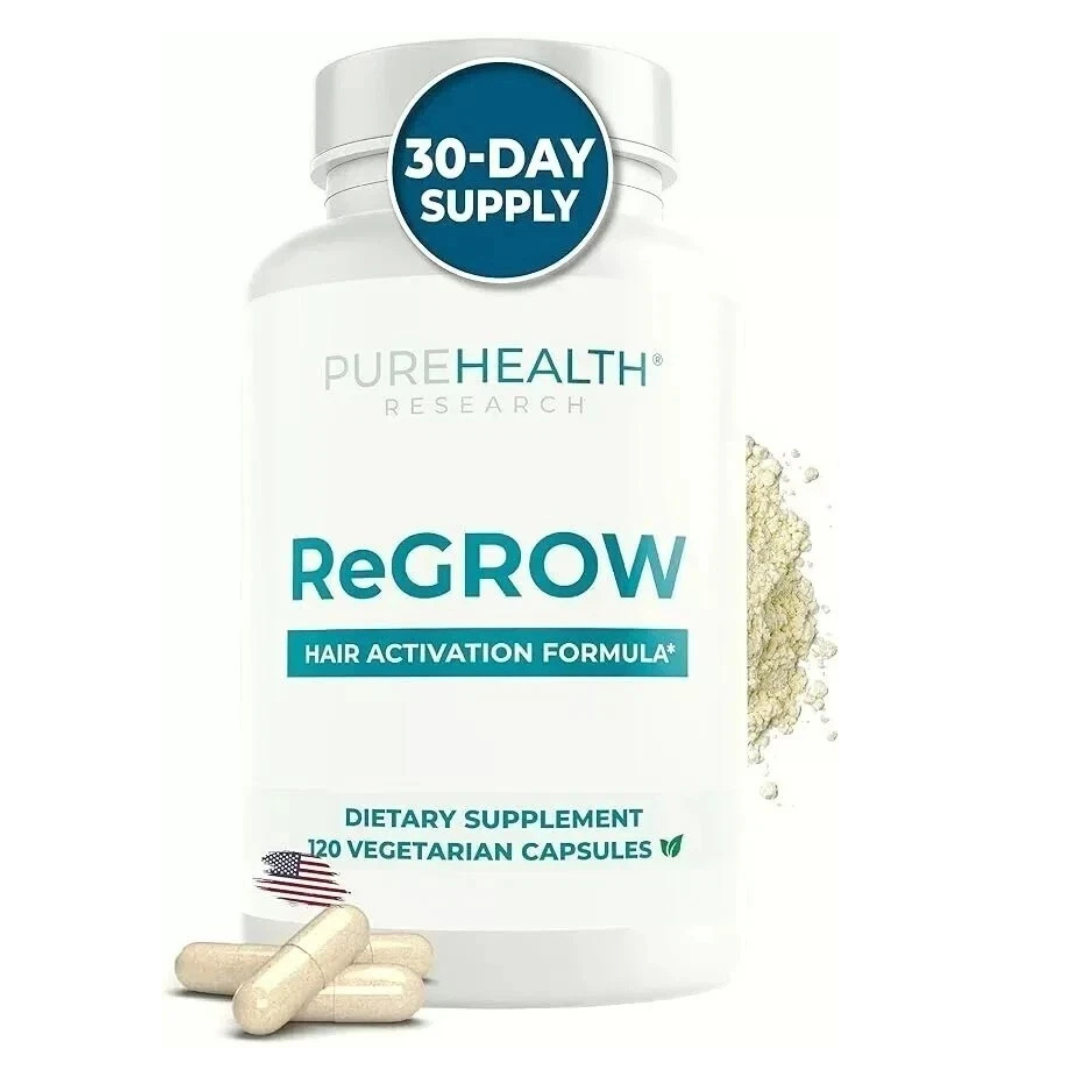 Supplement bottle labeled 'ReGROW' by PureHealth Research with 30-day supply and capsules on a white background.