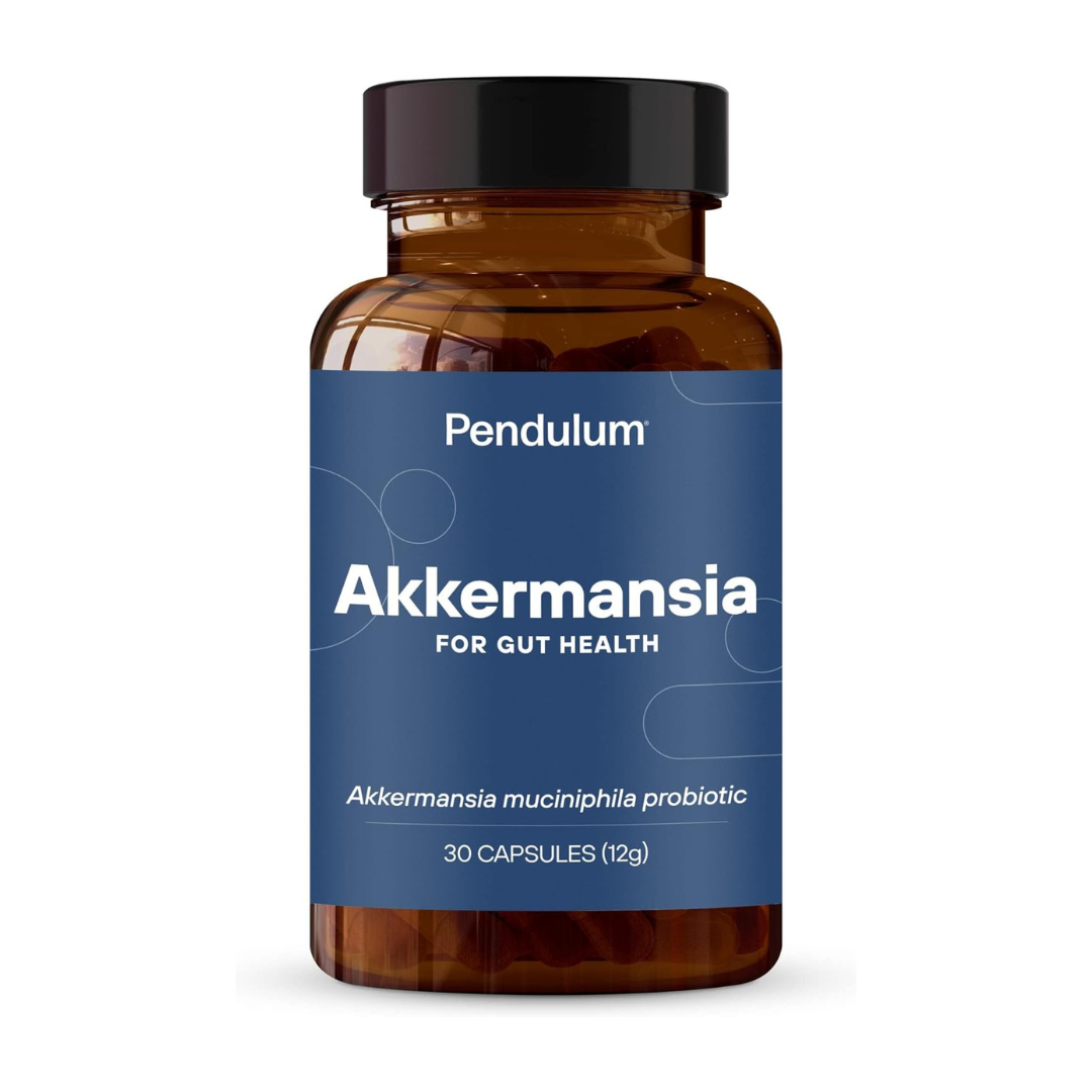 Brown bottle of Pendulum Akkermansia probiotic on a white background