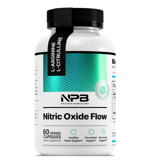Supplement bottle labeled 'Nitric Oxide Flow' by NPB on a white background
