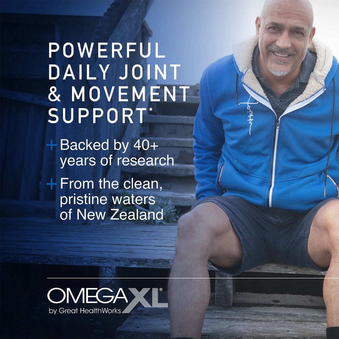 Man sitting on steps with promotional text about Omega XL joint support supplement.