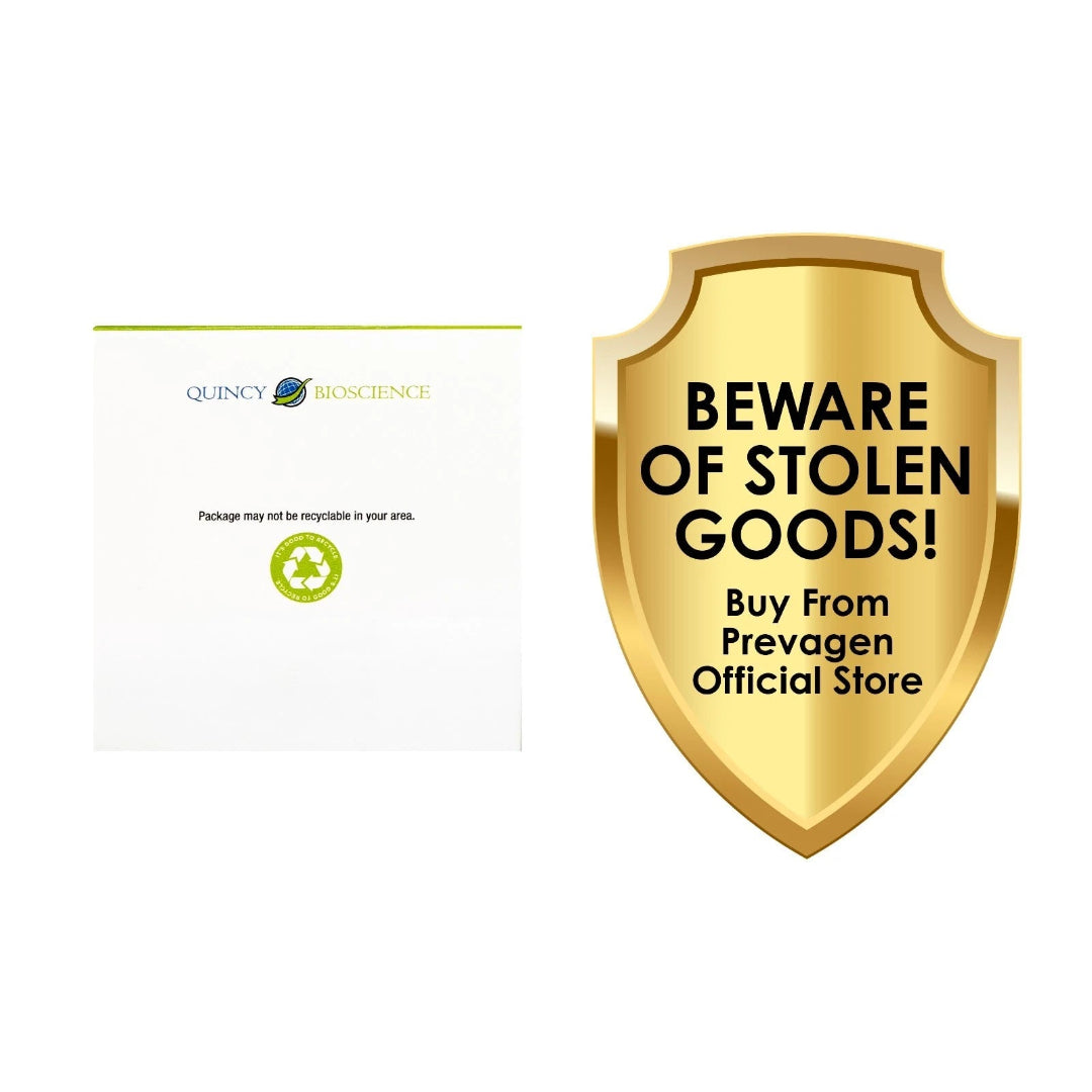 Gold shield with 'Beware of Stolen Goods! Buy From Prevagen Official Store' text on a white background.