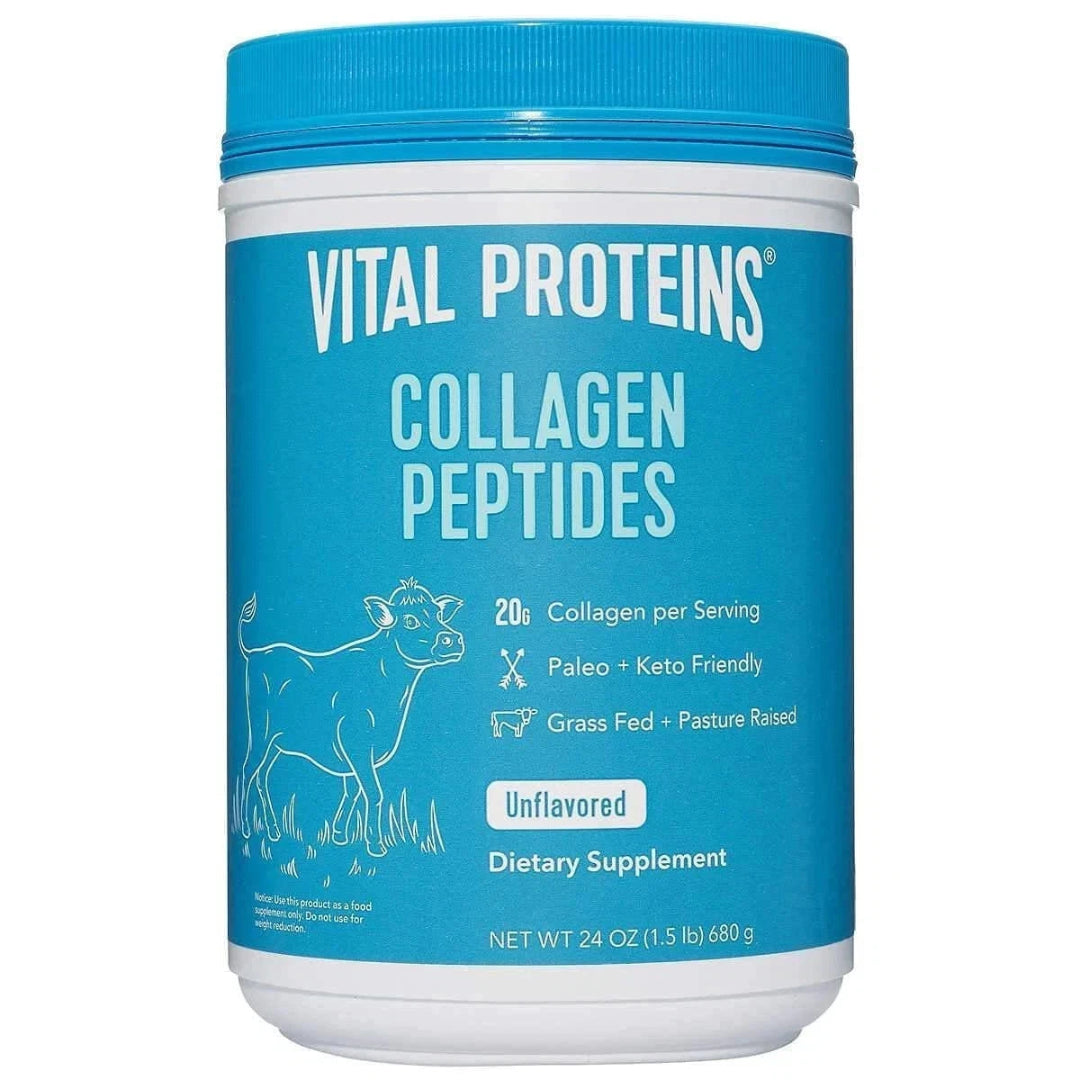 Vital Proteins Collagen Peptides container with blue lid and label on a white background