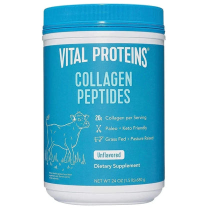 Vital Proteins Collagen Peptides container with blue lid and label on a white background