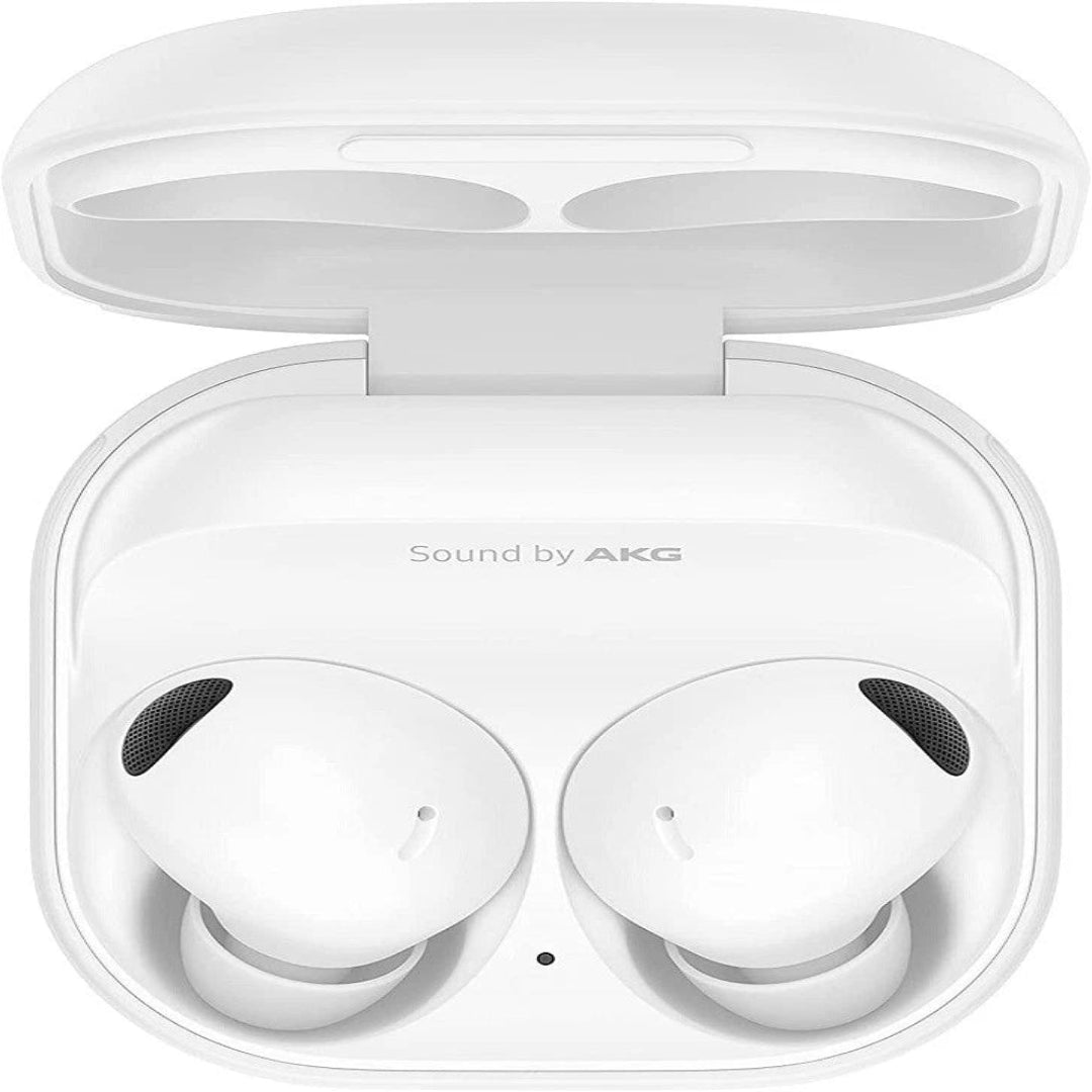 White wireless earbuds in a charging case with AKG branding.