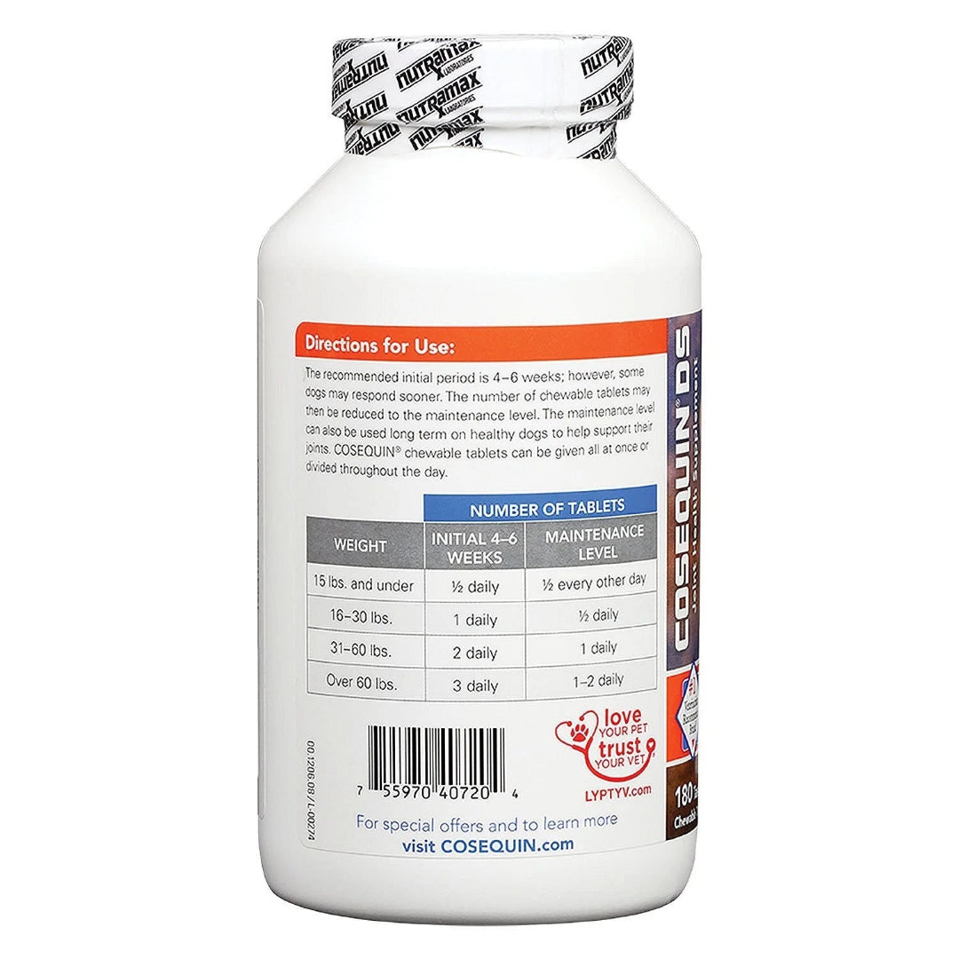 Bottle of Cosequin DS with label on a white background