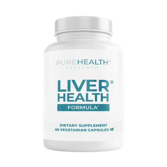 Supplement bottle labeled 'Liver Health Formula' by Pure Health Research on a white background