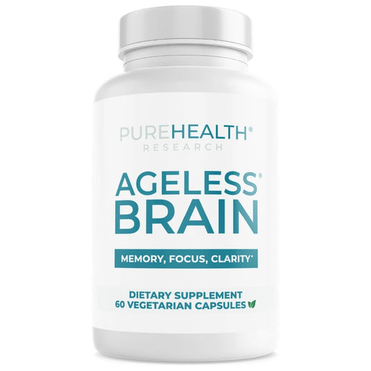 Supplement bottle labeled 'Ageless Brain' by Pure Health Research on a white background
