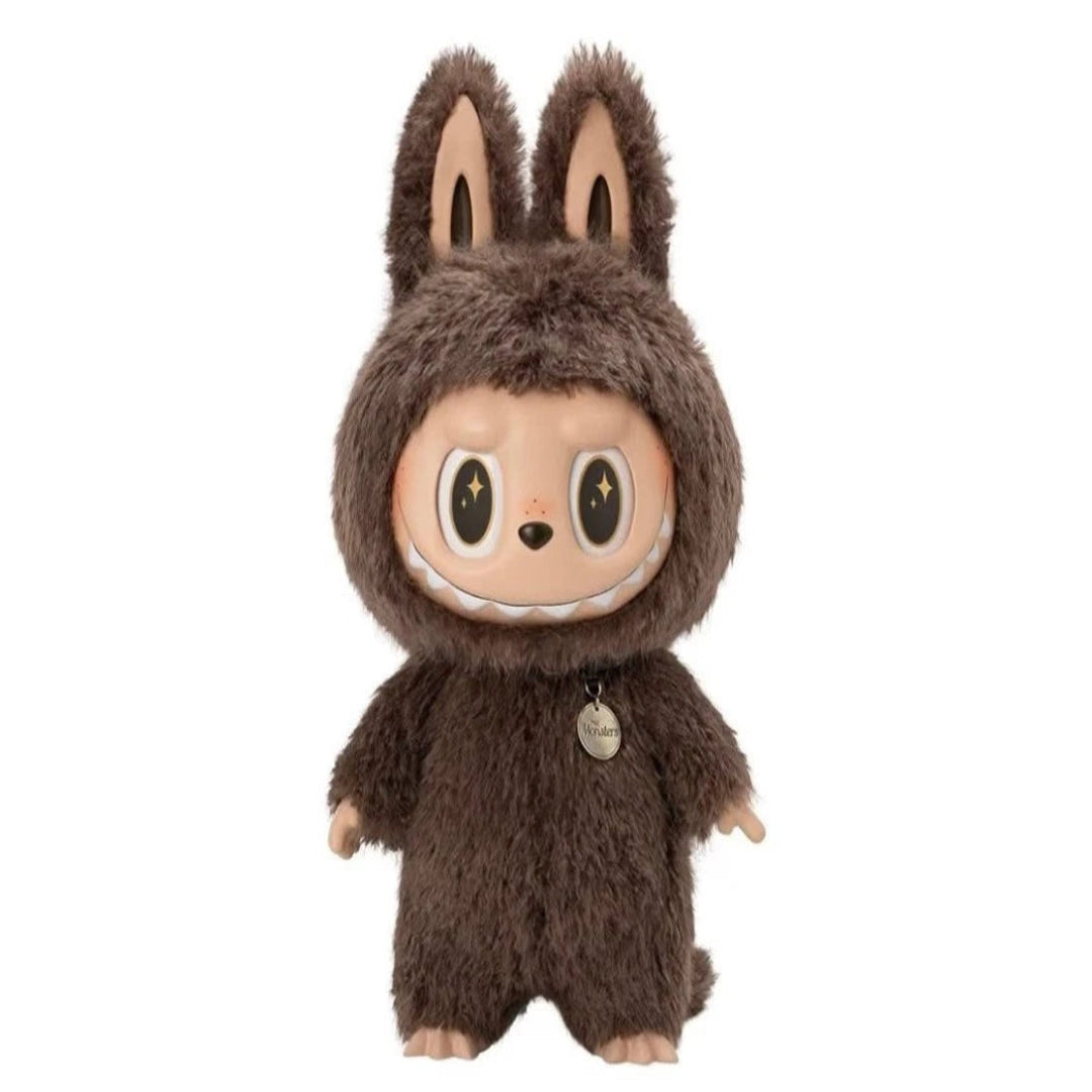 Plush toy with brown fur and bunny ears on a white background