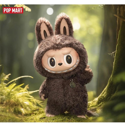 Plush toy in a forest setting with 'Pop Mart' branding