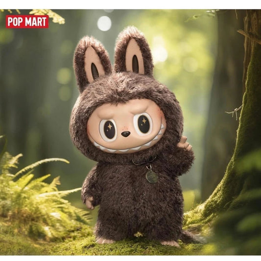 Plush toy in a forest setting with 'Pop Mart' branding