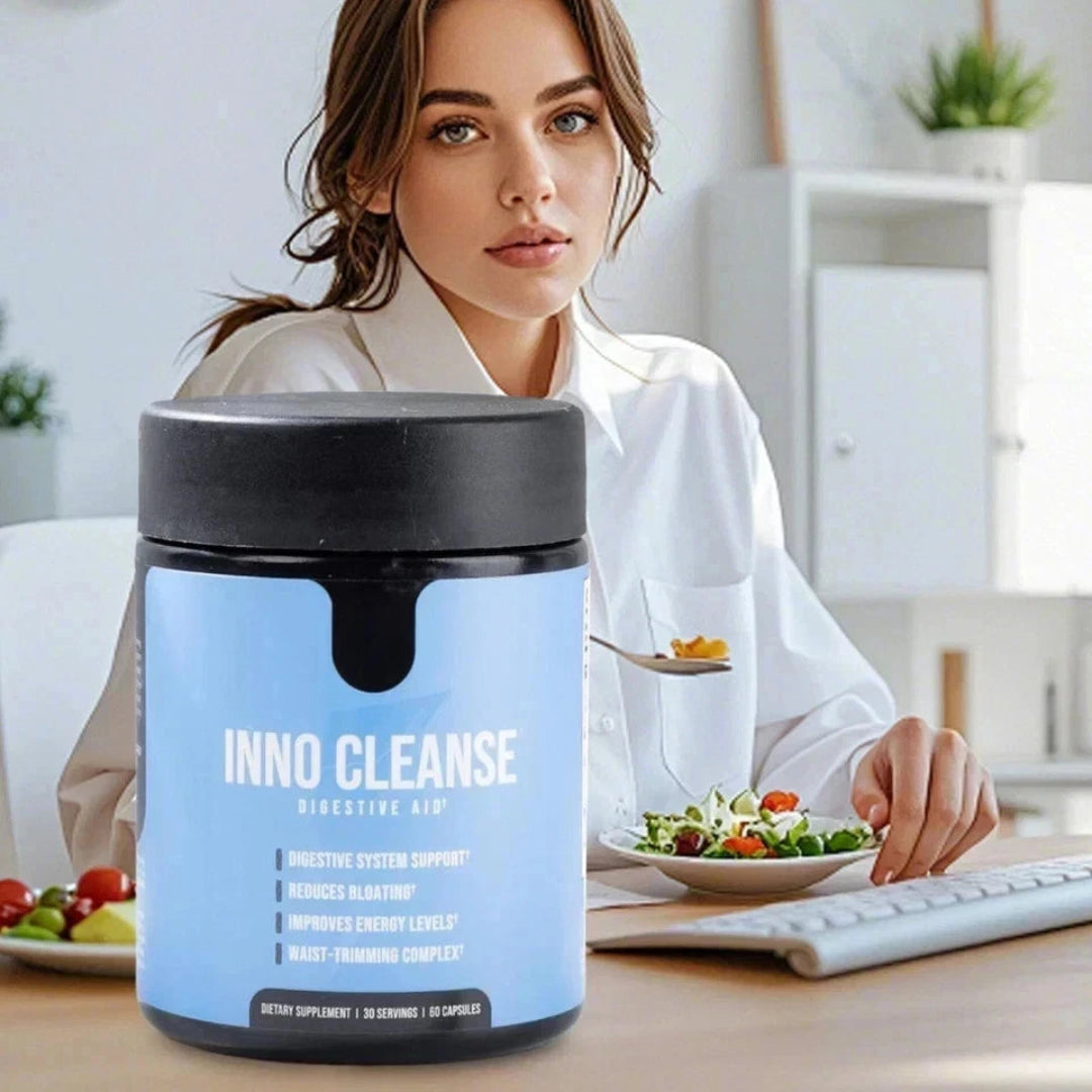 Woman sitting at a desk with a 'INNO CLEANSE' supplement container in front of her.