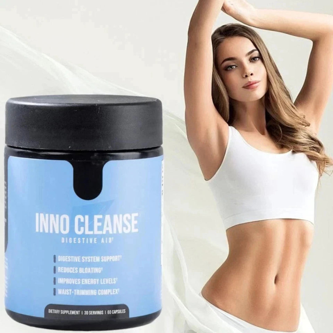 Inno Cleanse supplement container with a woman in a white sports bra and shorts on a light background