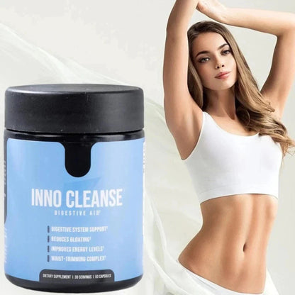 Inno Cleanse supplement container with a woman in a white sports bra and shorts on a light background