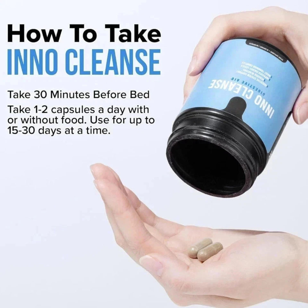 INNO CLEANSE supplement container with instructions and pills on a white background