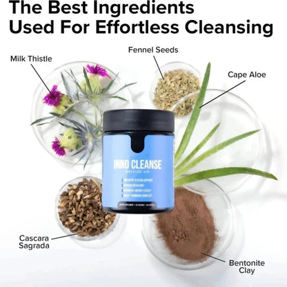 Product container labeled 'Body Cleanse' surrounded by ingredients like milk thistle, fennel seeds, cape aloe, cascara sagrada, and bentonite clay.