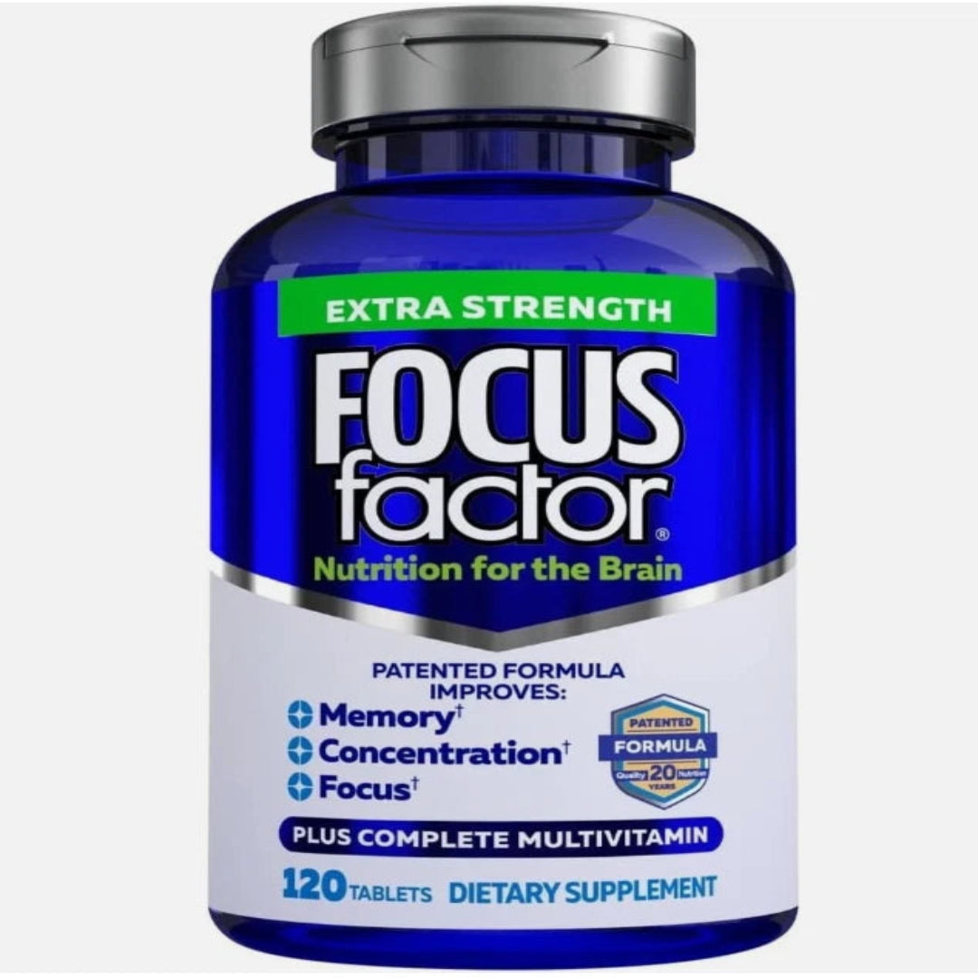 Focus Factor dietary supplement bottle on a white background