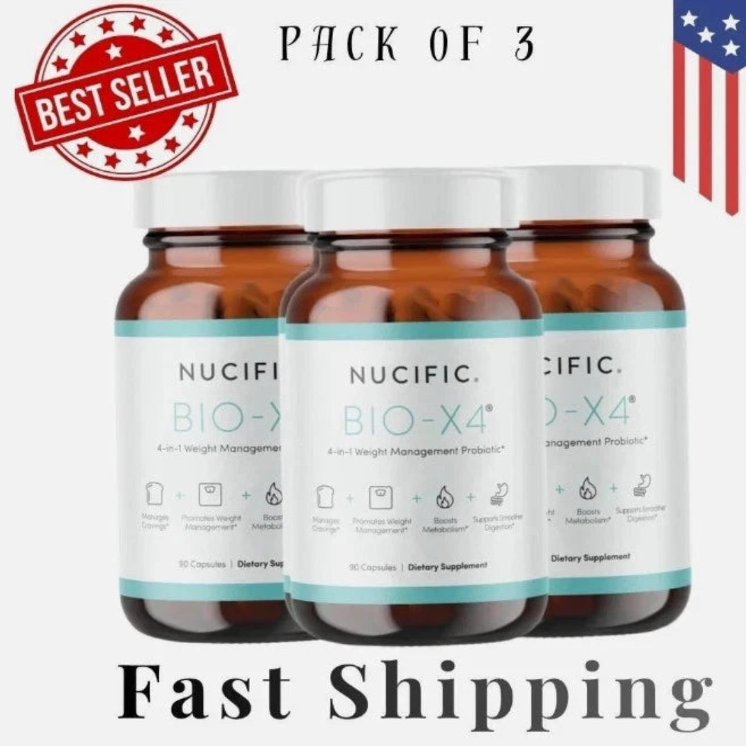 Three Nucific Bio-X4 supplement bottles with promotional text on a white background
