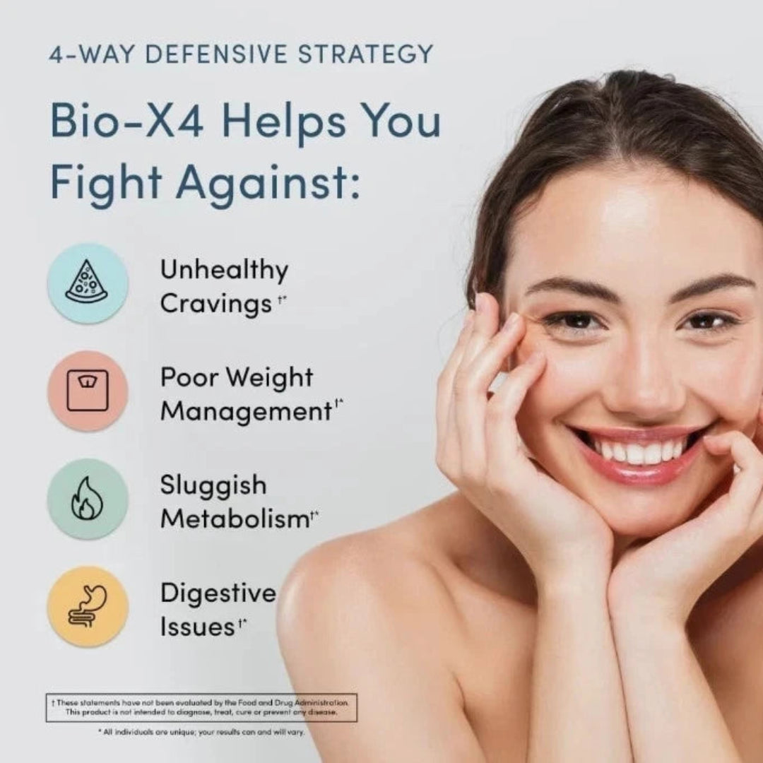 Advertisement for Bio-X4 with a woman's face and text about its benefits.