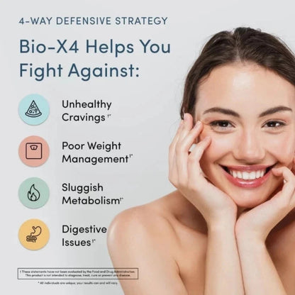 Advertisement for Bio-X4 with a woman's face and text about its benefits.