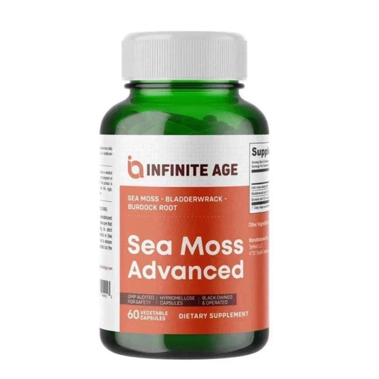 Supplement bottle labeled 'Sea Moss Advanced' by Infinite Age on a white background